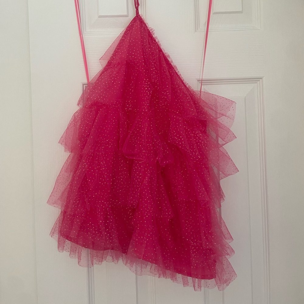 Hemline Pink Shimmer Ruffle Top